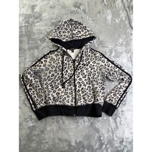 Bebe Sport Women Size L Leopard Print Zip Up Hoodie Gray Black Striped Sleeve